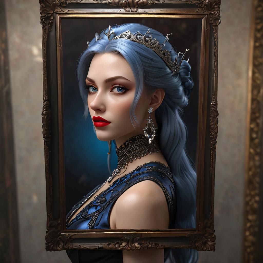 the princess from hell, vampia is shown in a full length pose, 1girl, solo, blue eyes, shown bare, red hair, high heels, dress, black dress,...