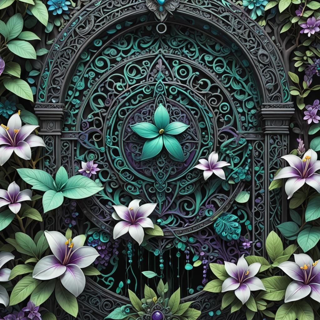 Filigree black mint purple teal plumeria zentangle ornate fi...