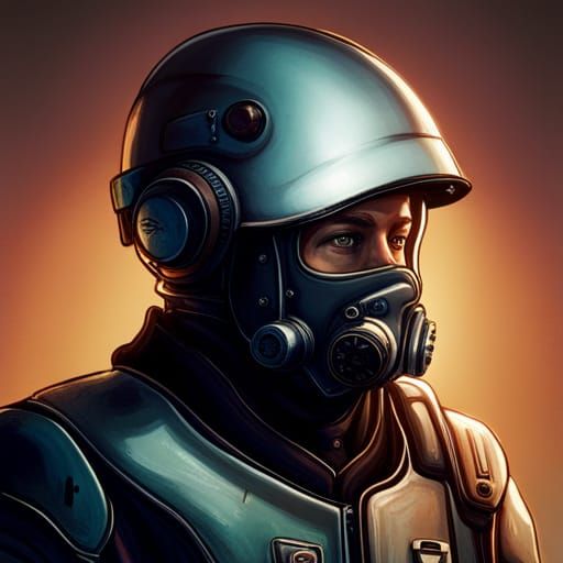 A cyborg who is wearing a helmet and a mask in fallout