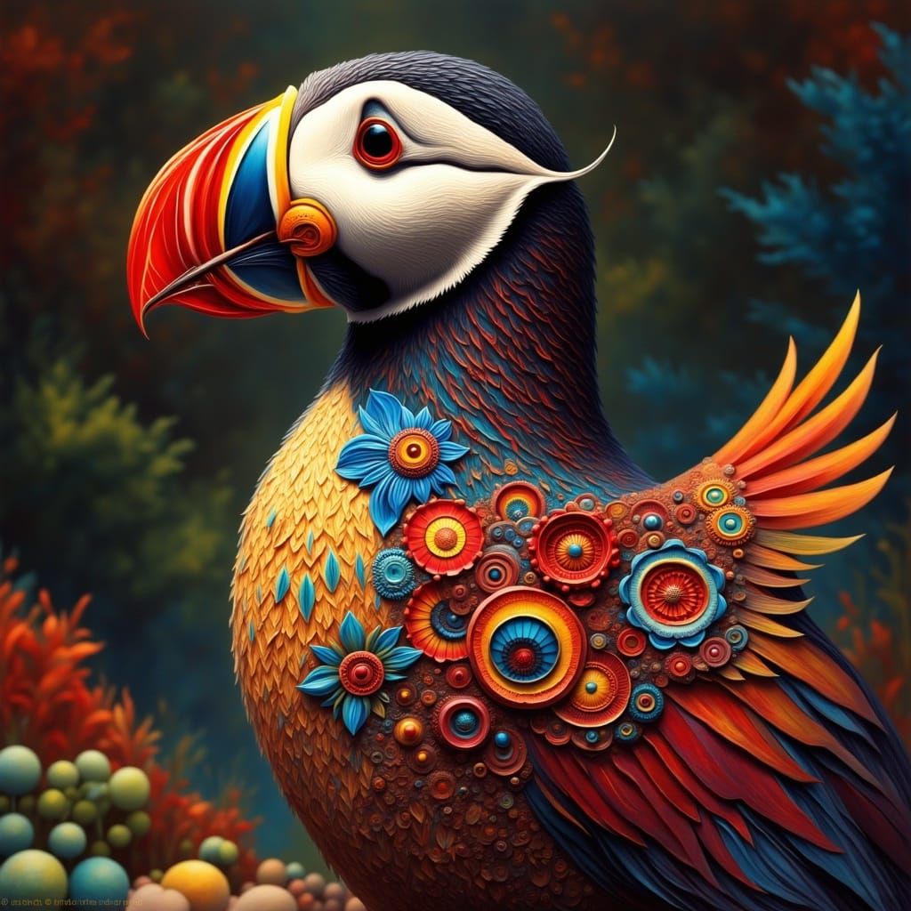 <lora:RichColorFlux:1.0> Puffin :: intricate motifs perfect composition insanely-detailed extreme-detailed hyper-detailed volumetric deep ri...