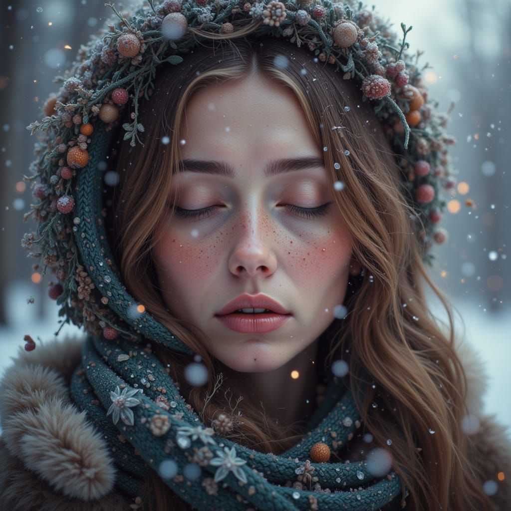 <lora:GazDreamchant:1.0> hyperrealistic winter portrait of a woman eyes closed