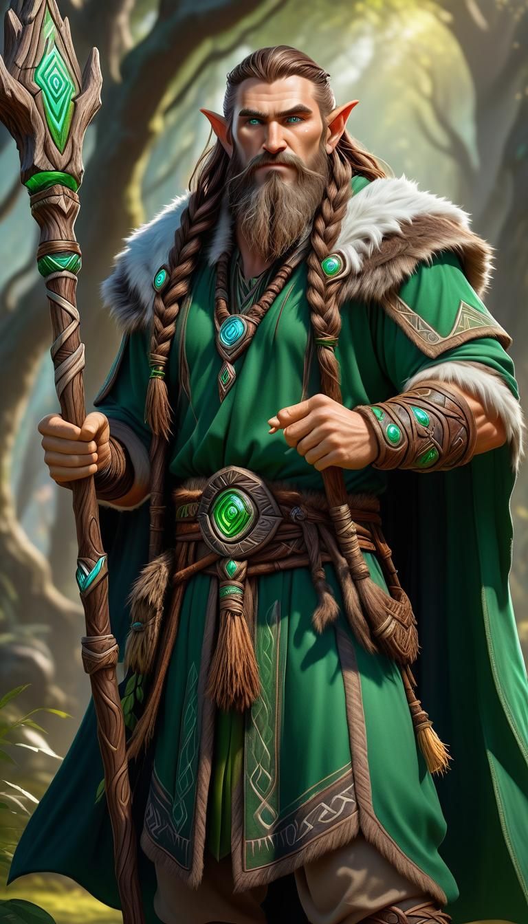A mighty elf druid, brown hair and beard, wearing druid clot...