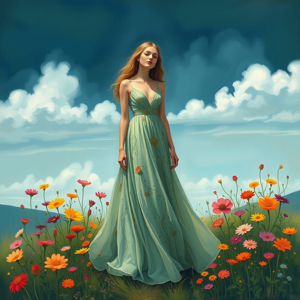Woman in Wildflower Meadow, Art Nouveau Style