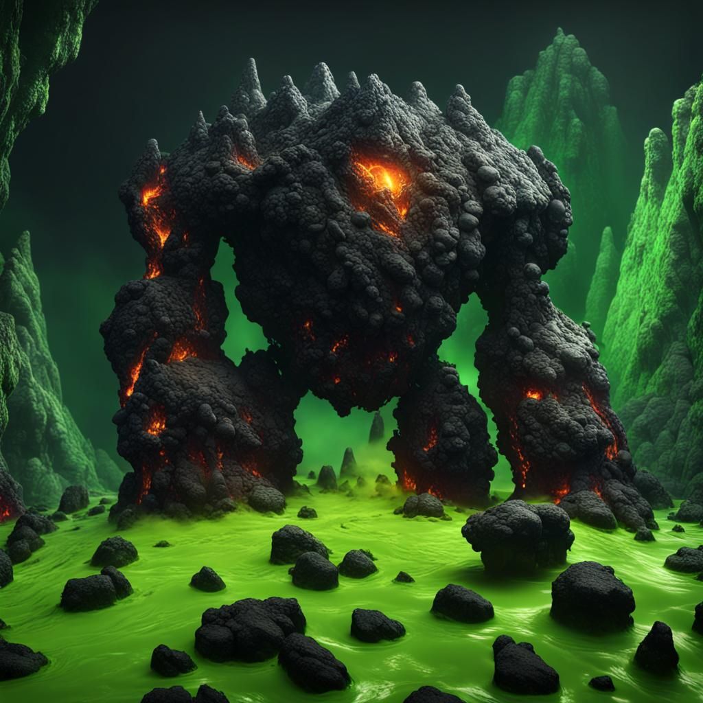 Orga made of black rocks with green eyes, a volcano with gre...