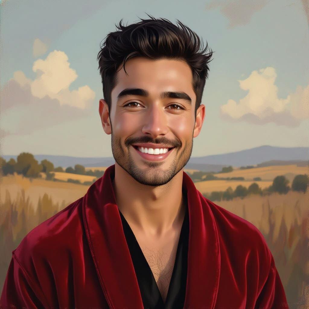 Handsome Man in Red Velvet Bathrobe, Cinematic Lighting