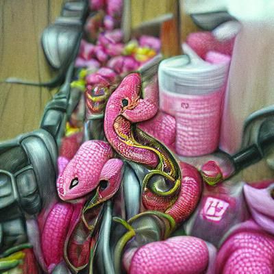 Many pink snakes. Detailed painting