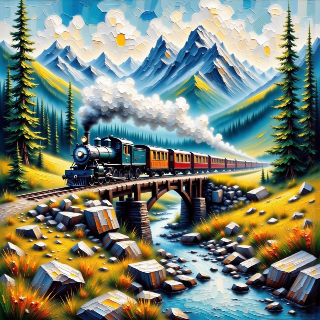 <lora:Impasto 1-01:1.0> textured impasto oil painting of steam train crossing wooden bridge in American rockies