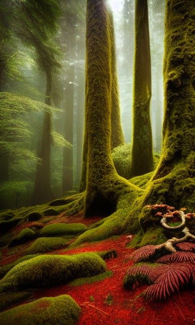 Primordial moss covered coastal redwood forest 8k resolution...