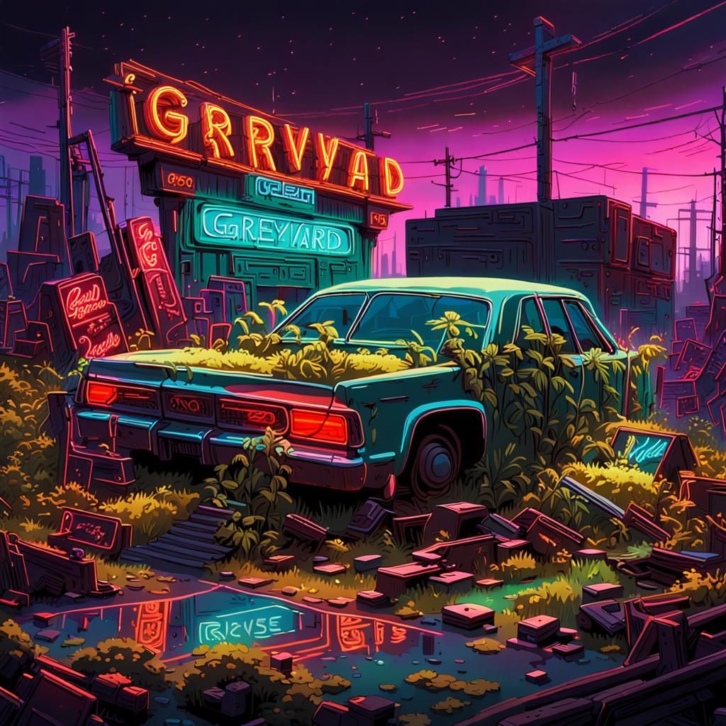 a neon sign graveyard, with a surreal, cyberpunk atmosphere....