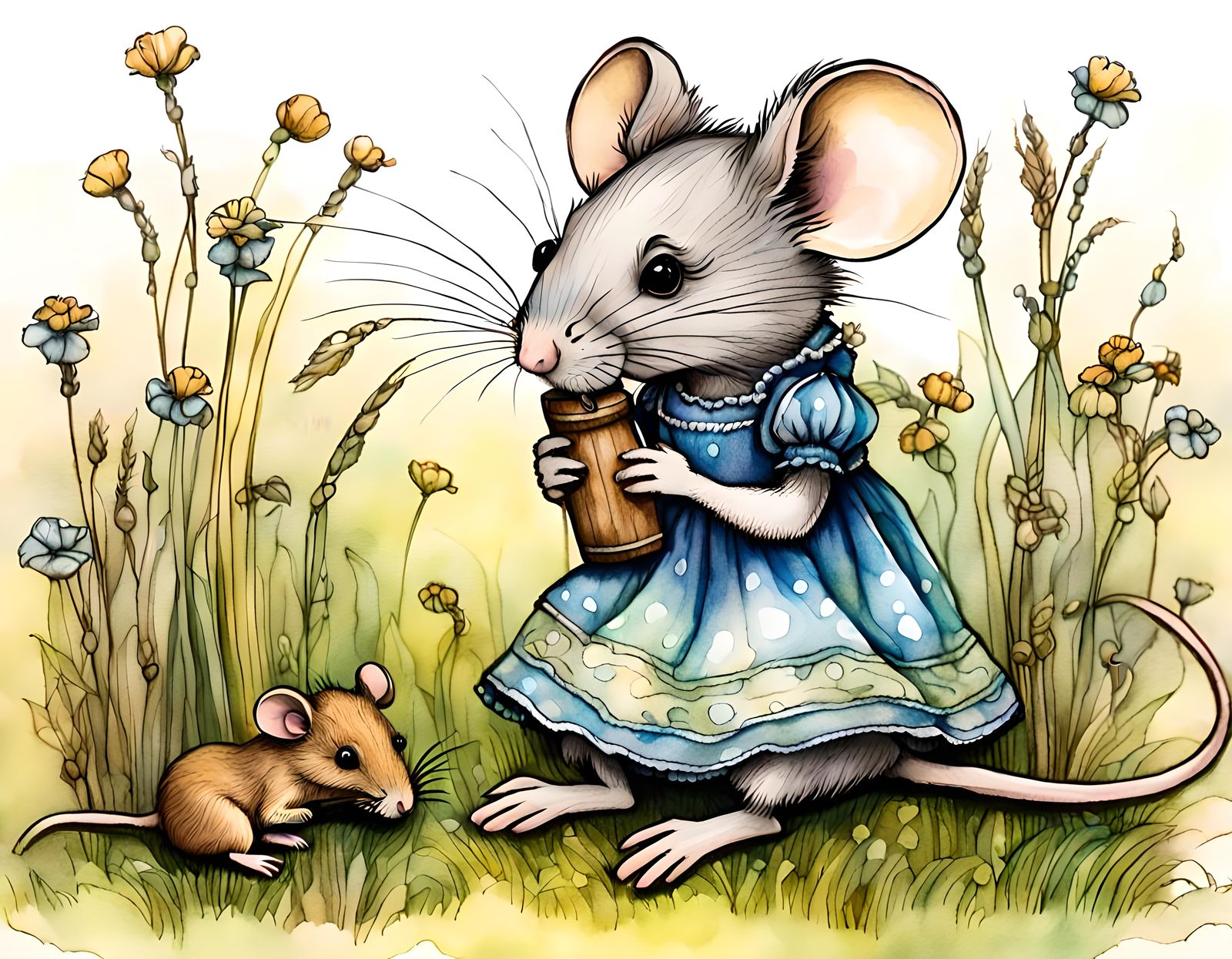 Long vew of a (wee mouse in a summer dress +1,5), sitting in...