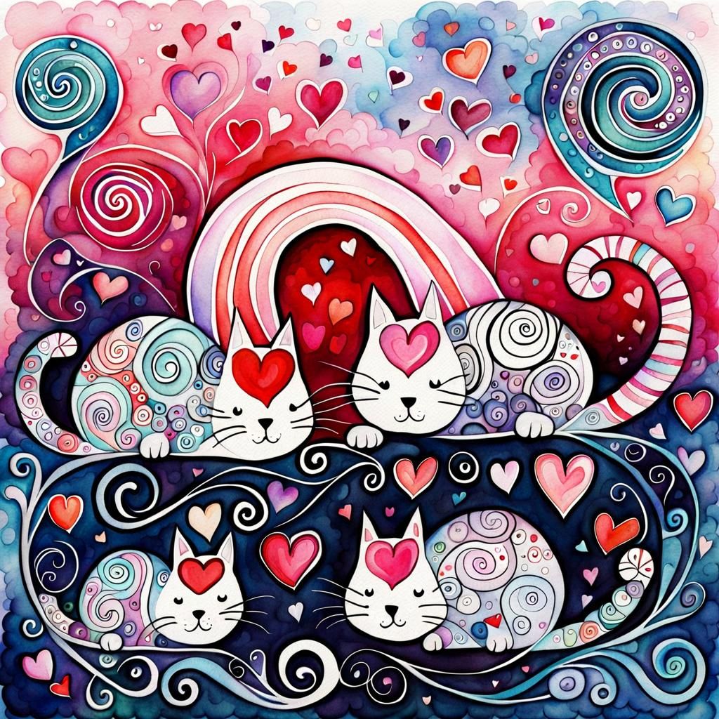 Valentine Cats watercolor zentangle swirls abstract curves