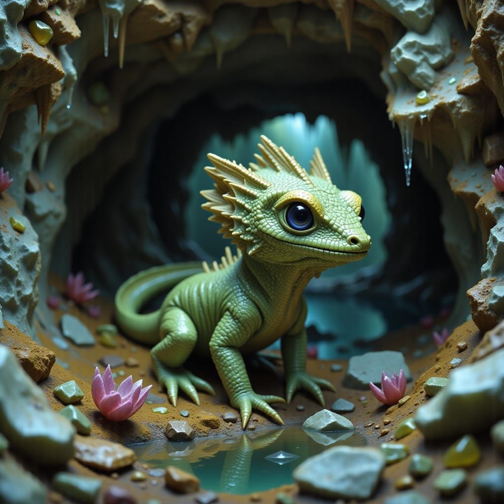 <lora:Dragon lair:1.0> Portrait of a baby mud dragon in a gemstone cave.