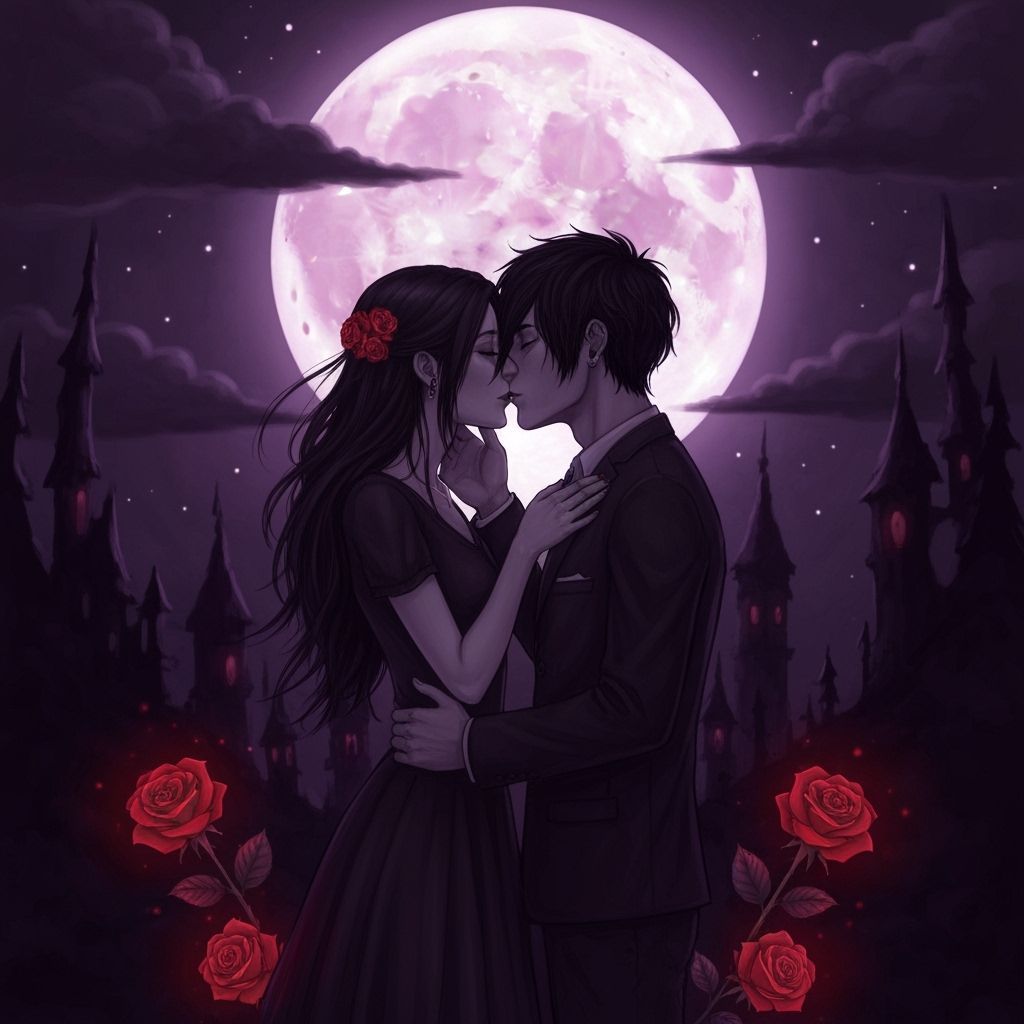 Emo Couple Kissing Under Full Moon Gothic Style