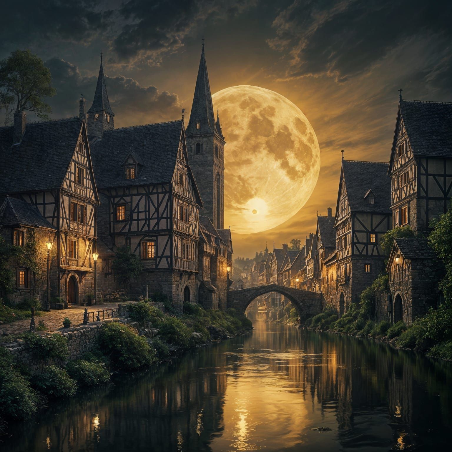 Landscape of a quiet medieval town by a gentle river, backlit by a giant golden full moon. Ancient stone ...  by @theArchairez