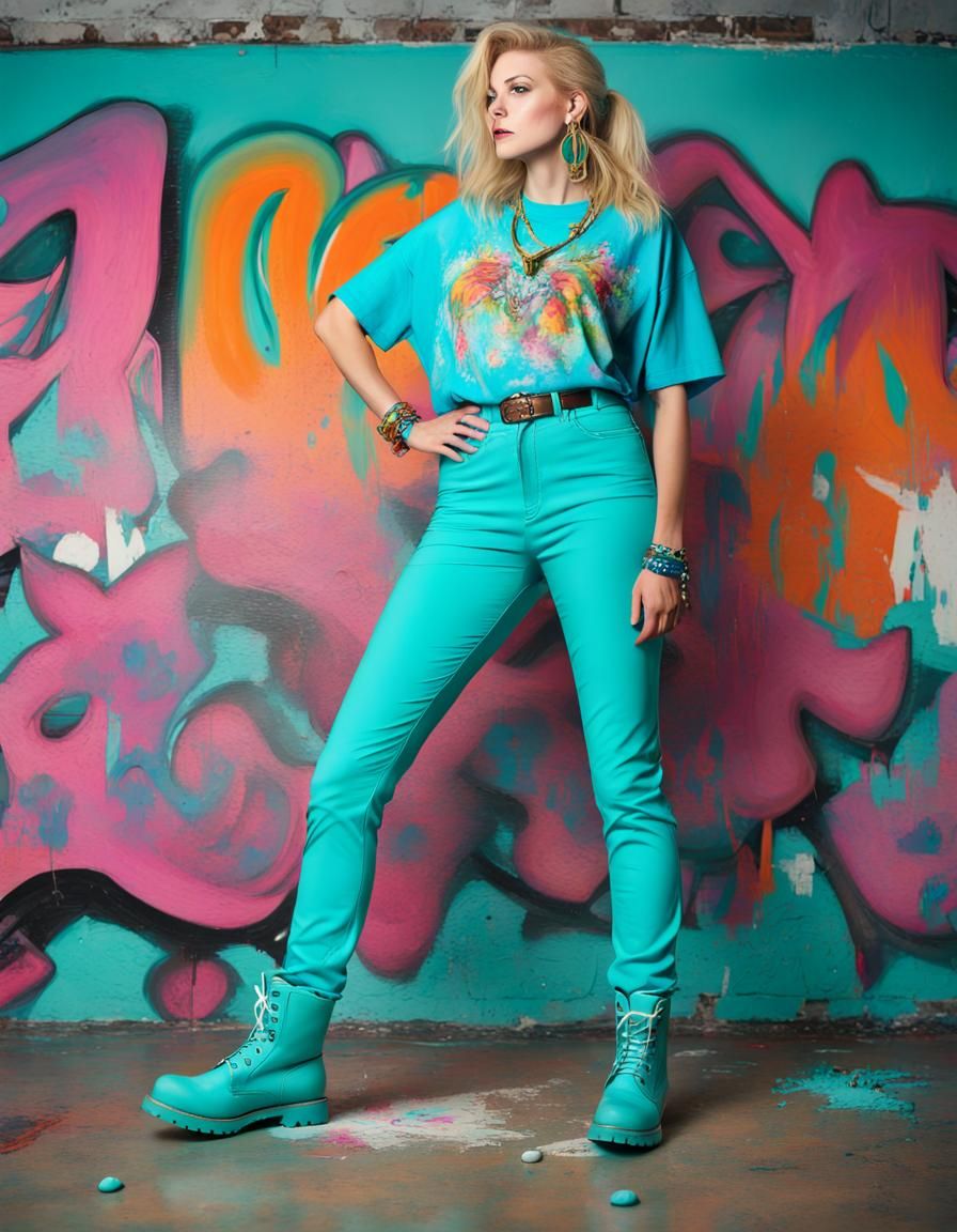 Tall shot log shot wide shot of a woman with blonde hair, a turquoise shirt, turquoise pants, and tall ...  by @Joel S