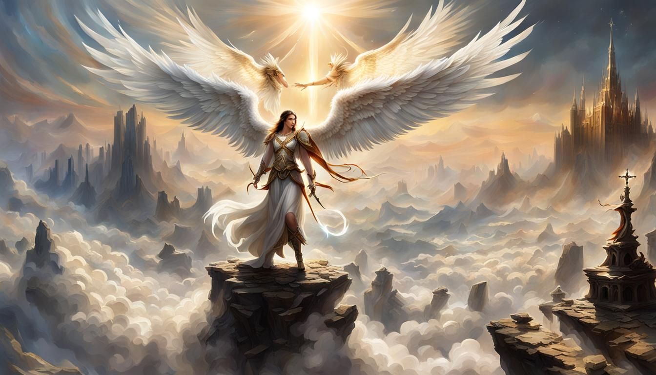 epic battle between an angel vs. fallen angel at a heavenly battlefield ...