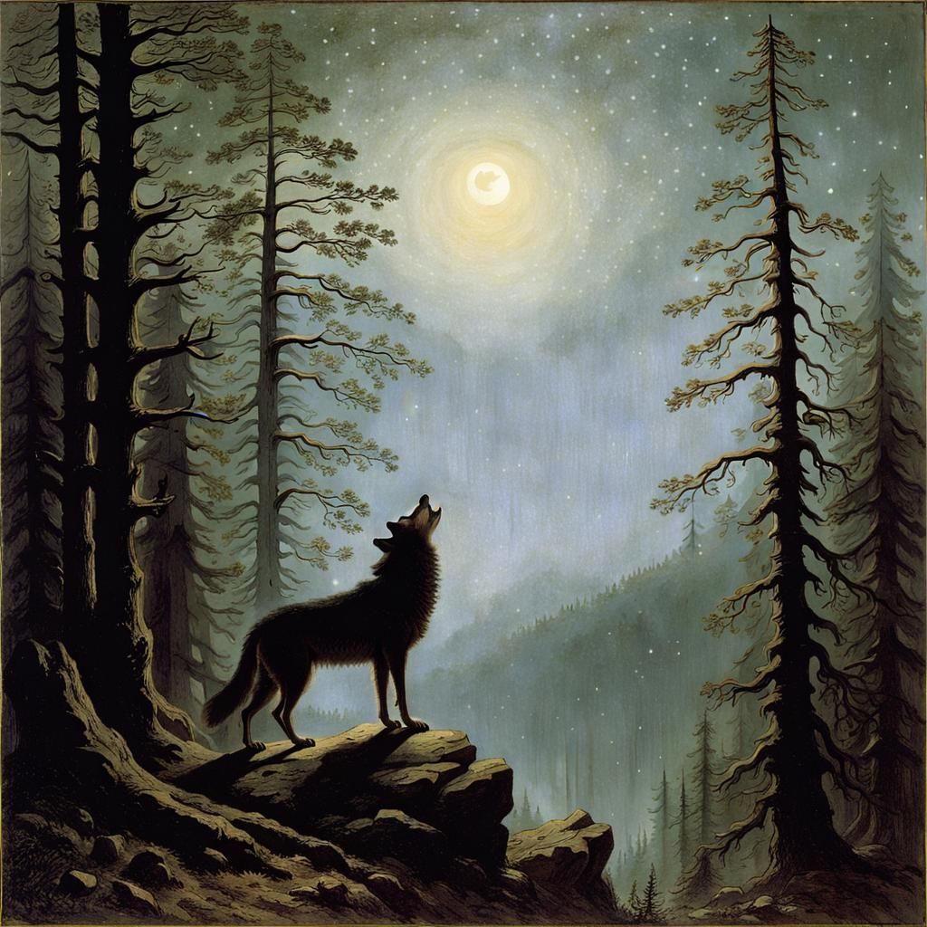 A majestic wolf howling at the stars in a misty forest. Casp...