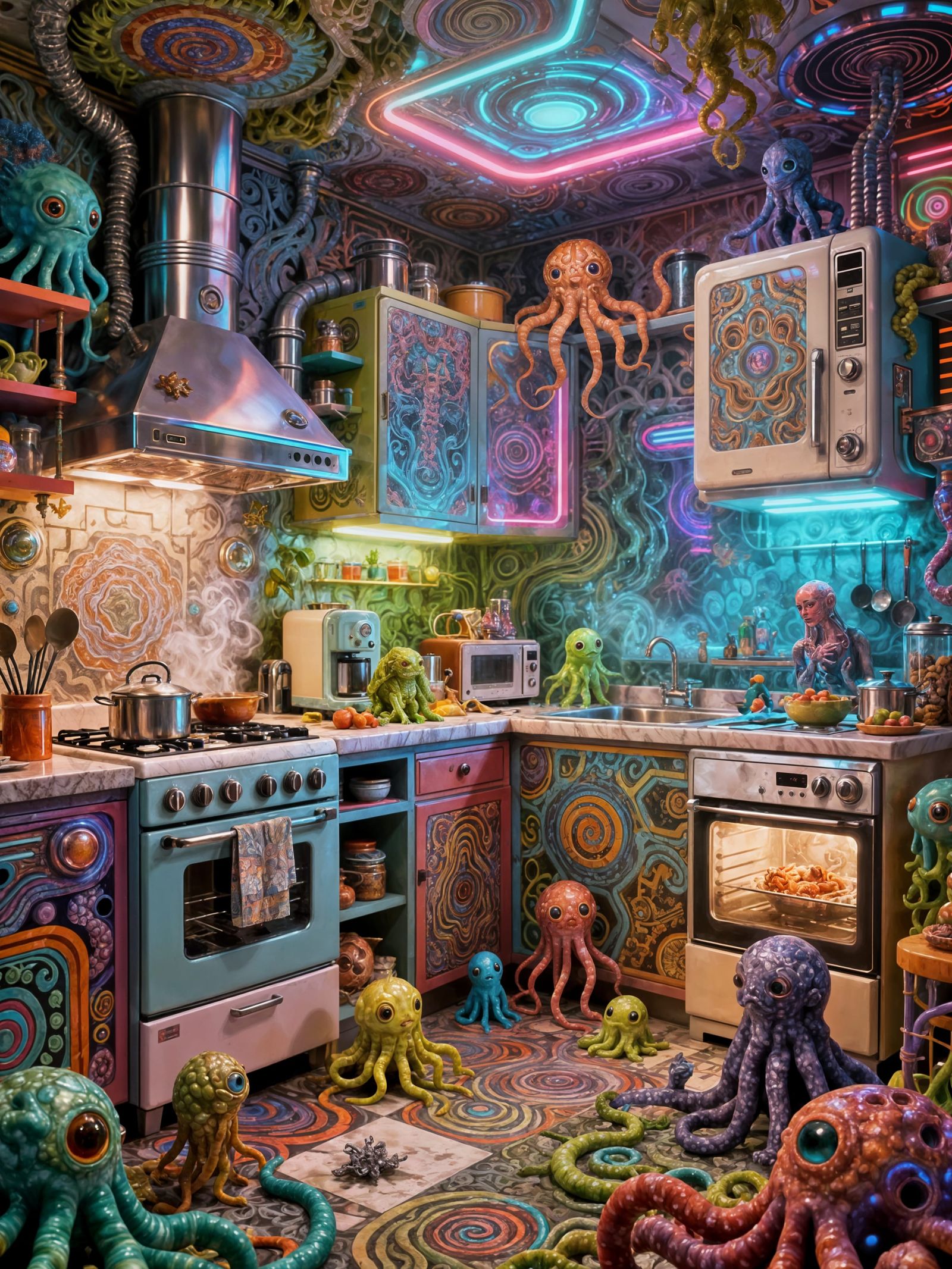 Biomorphic Kitchen Creatures in Surrealist Digital Illustrat...