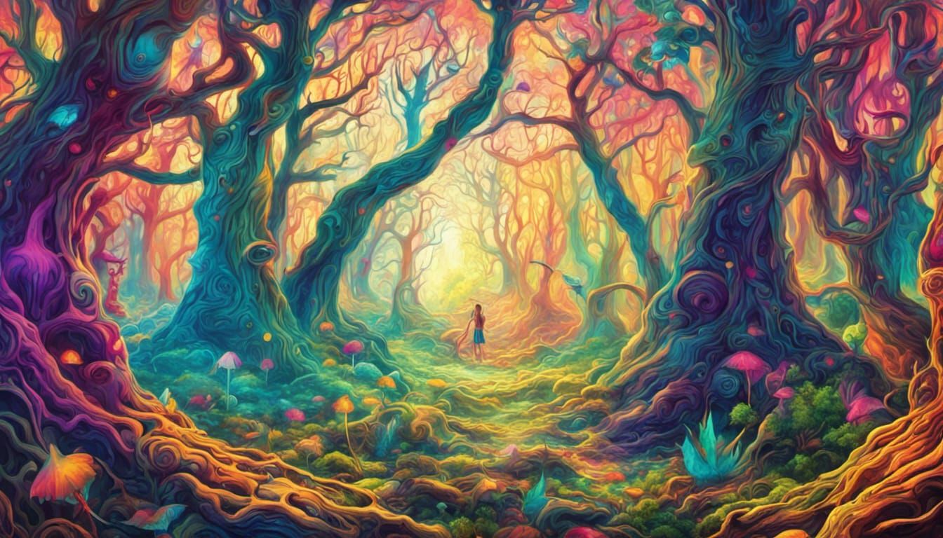 wood elves having psychedelic daydreams in a psychedelic fan...