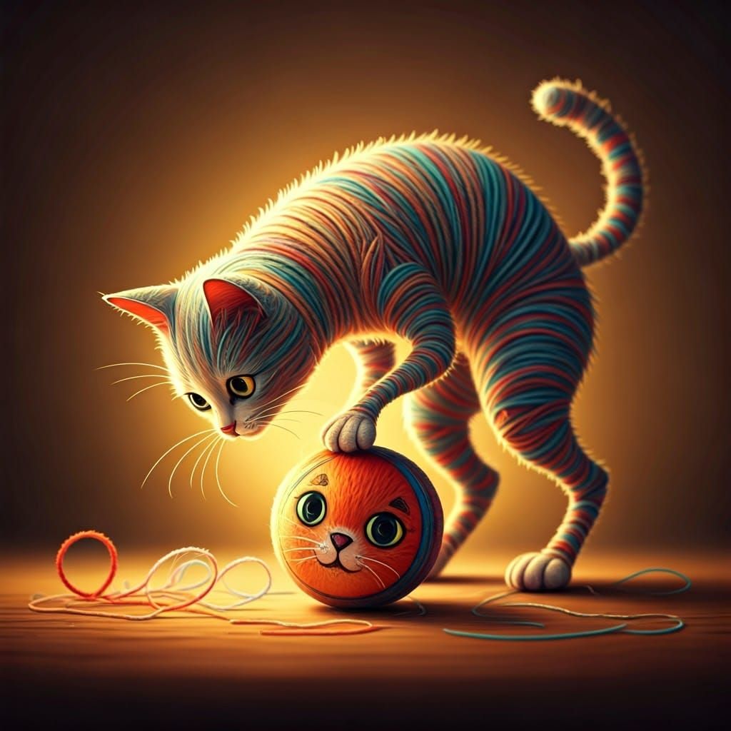 A cat made out of string pouncing on a ball with a feline fa...