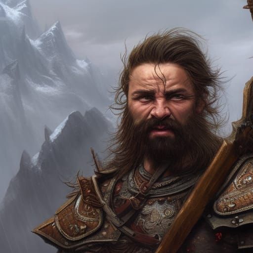 A rugged dwarf warrior with a bushy beard and a fierce expre...