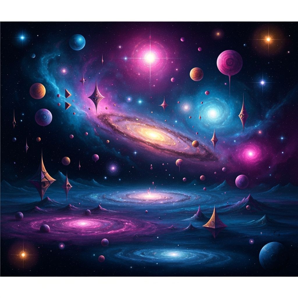 Surreal Cosmic Landscape Painting with Galaxies and Shapes
