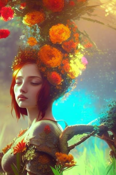 Beautifil girl with red hair and gold crown, in a garden ful...