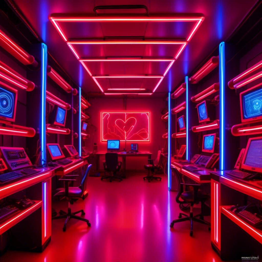 <lora:Neon Machinery:1.0> (overall neon red color theme:1.2) (matrix computer room with red neon tube lighting:1.3) (computer parts with red...