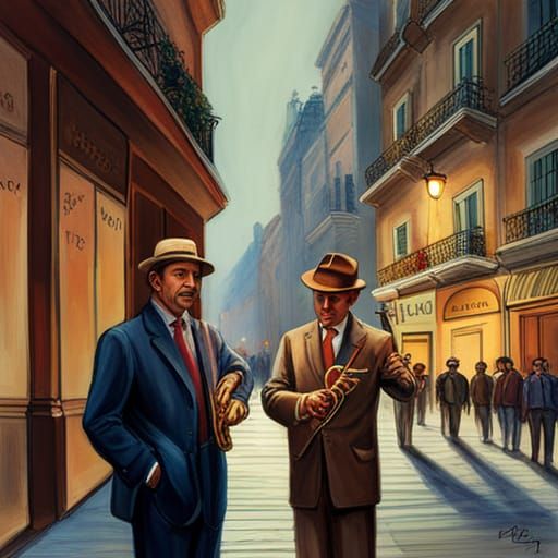 Two men, reminiscent of Enrico Baj, in vibrant suits and Pan...