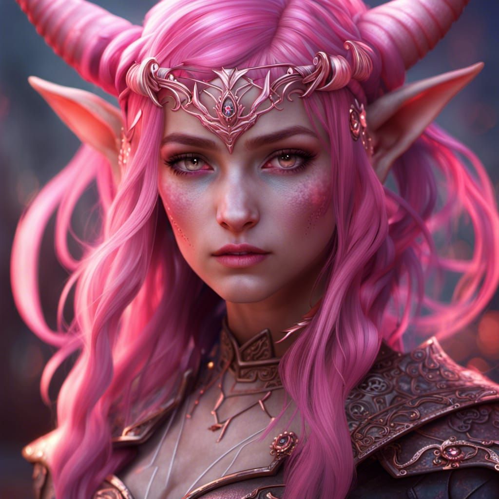 Pink eyes pink haired elf girl with pink horns - AI Generated Artwork ...