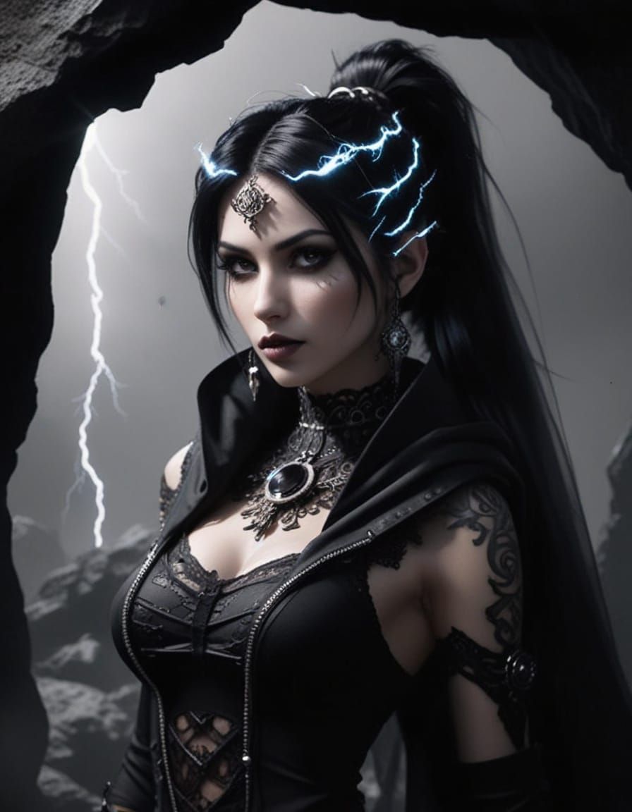 Gothic Crystal Countess Emerges from Mystic Moss Cave