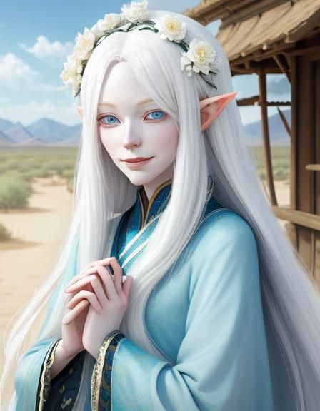 Young elven woman, long white hair, pale skin, blue eyes, al...