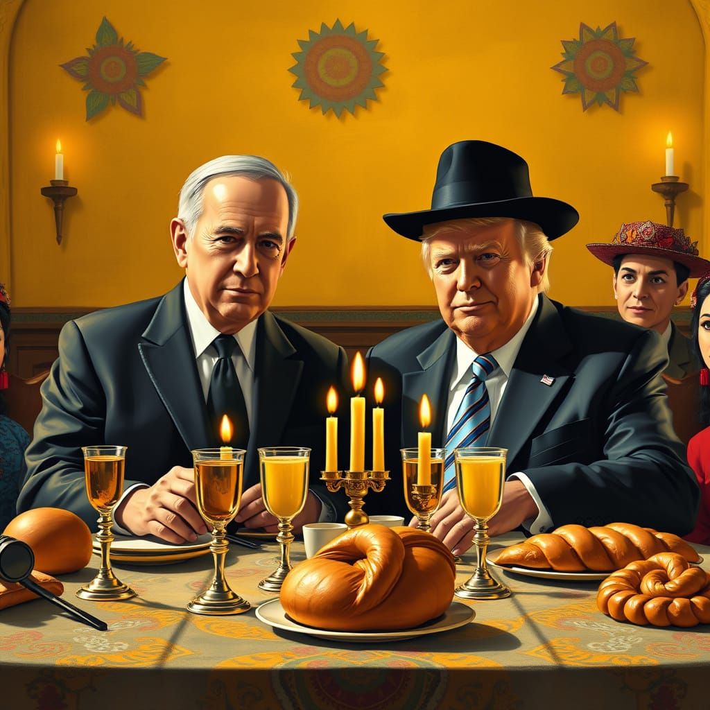 Bibi and Trump at Shabbat Table in Chagall Style