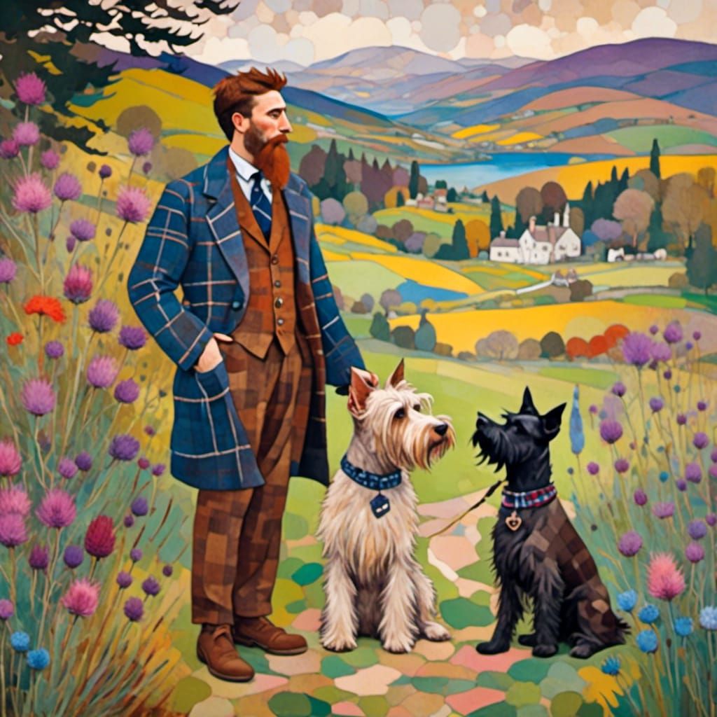 <lora:The Magic Loch:1.0> Bearded Man in a brown Tweed jacket, blue tartan scarf and blue trousers stands with his Scottish terrier in a bea...