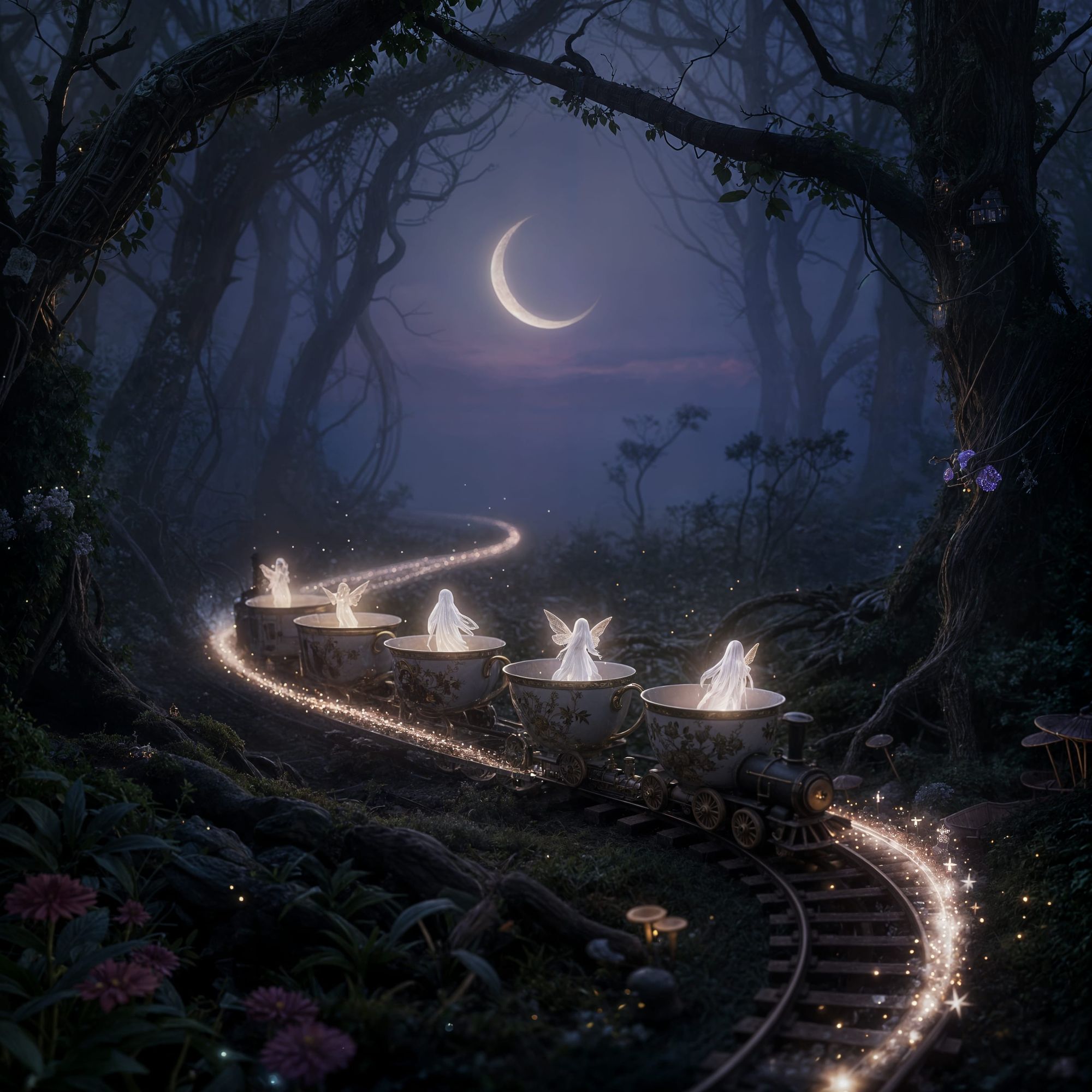 A magical miniature train made of ornate vintage teacups as carriages, chugging through an enchanted, misty forest at twilight. Each teacup ...