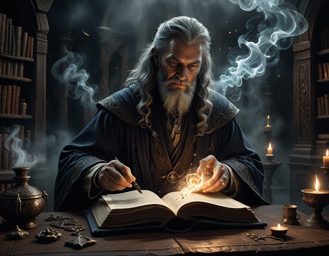 wizard with spell book and magic smoke  by @PH-AIART 