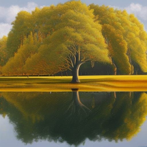 Golden Tree Reflection on Lake: Oil Painting