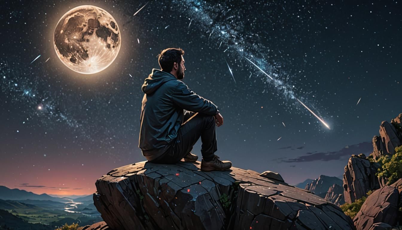 man sat on a rock, staring at the stars in the dark sky, ful...