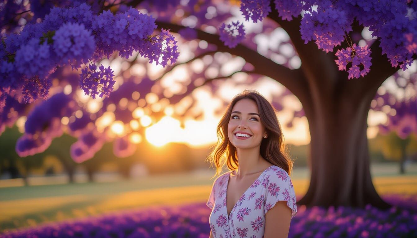 A smiling woman beneath a large Jacaranda tree