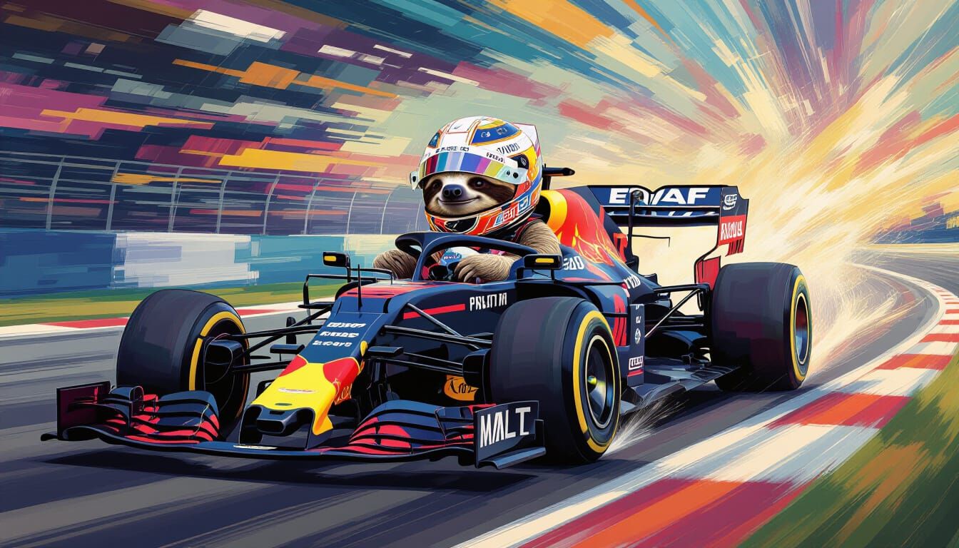 a sloth driving a formula 1 racing car 