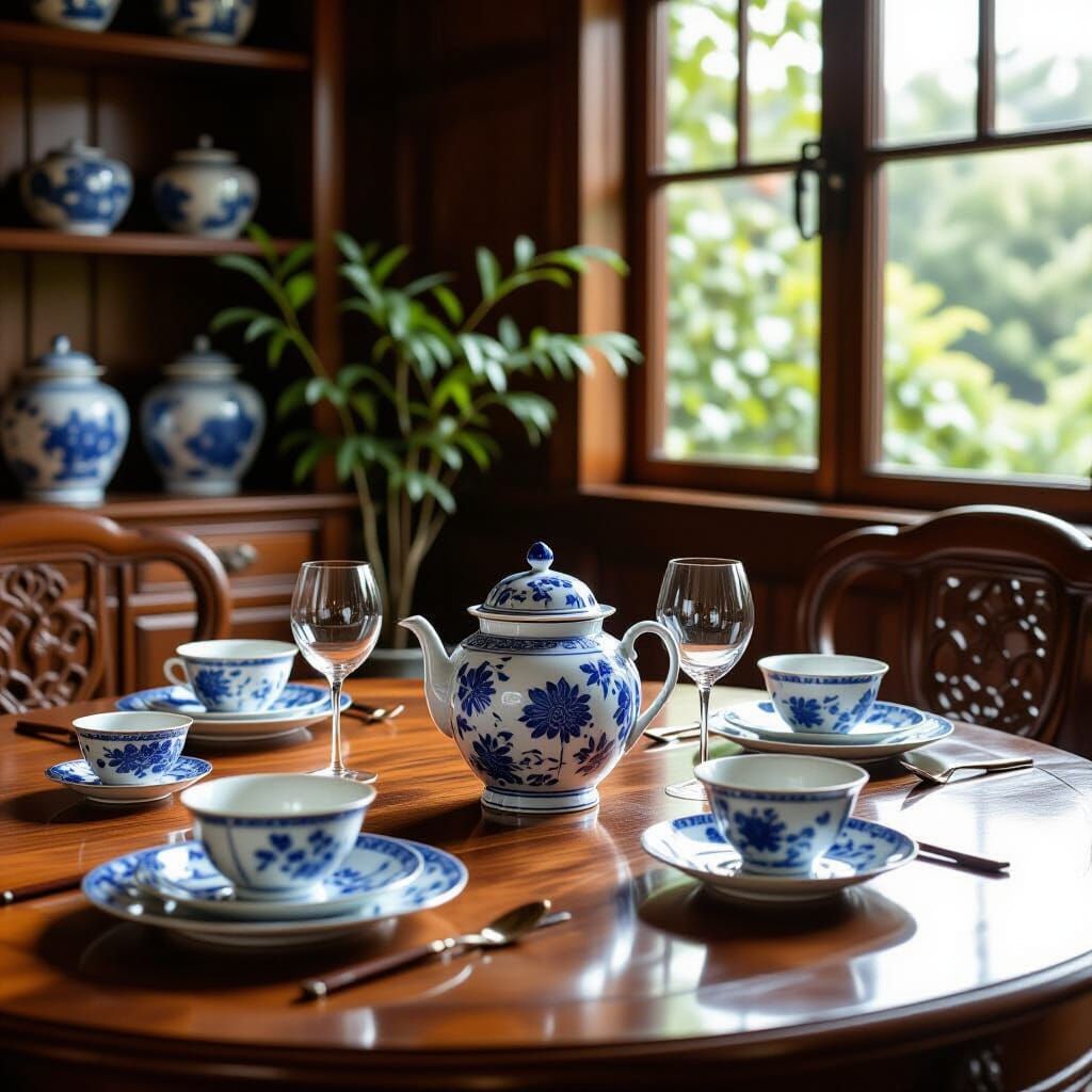 Exquisite Wooden House With Blue And White Porcelain Tablewa...