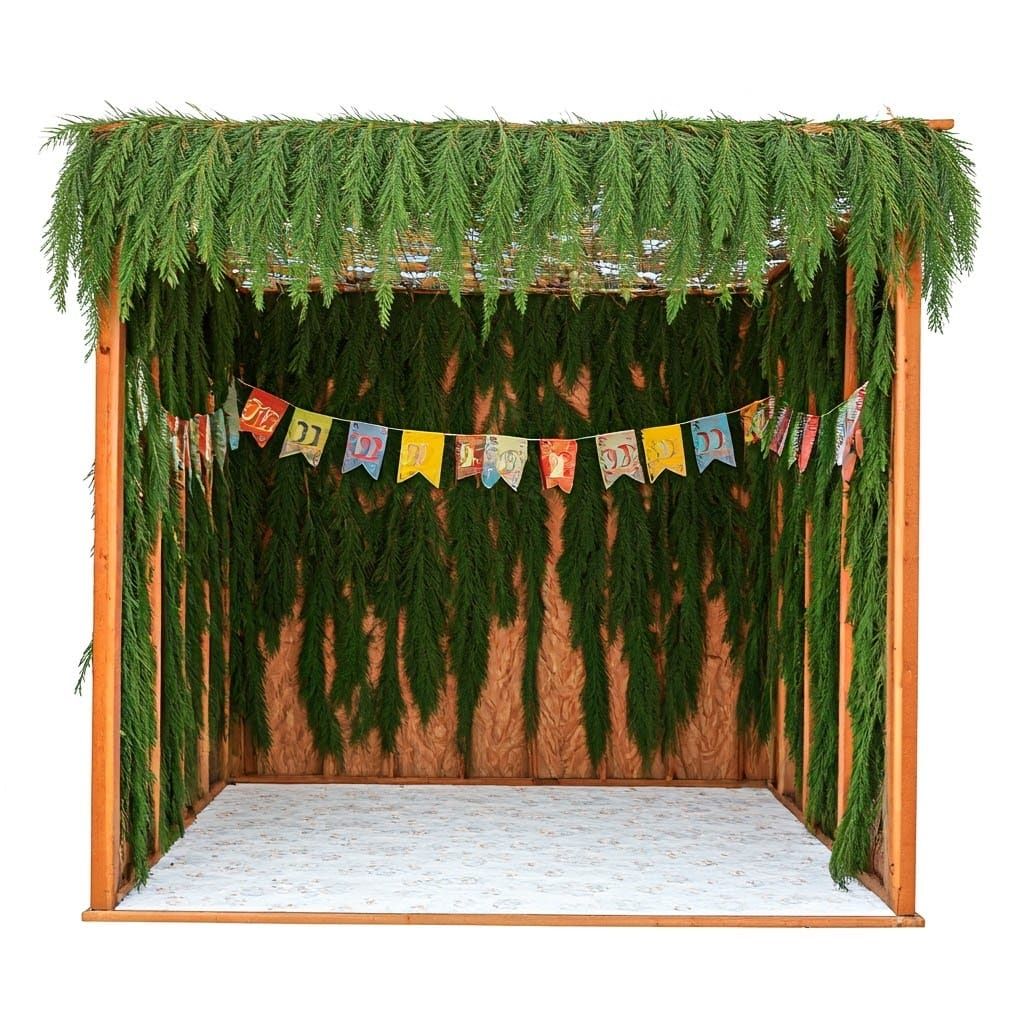 Small Sukkah with Green Branches and Decorations