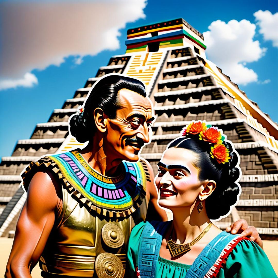 Salvador Dali And Frida Kahlo In Front Of A Mexican Aztec Pyramid 