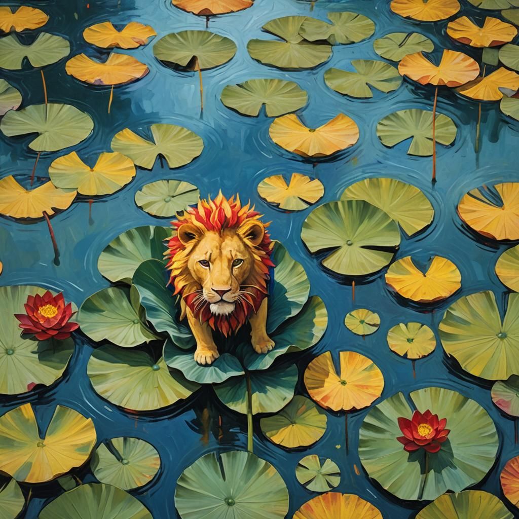 Lion on Lotus Leaf in Abstract Expressionism Style