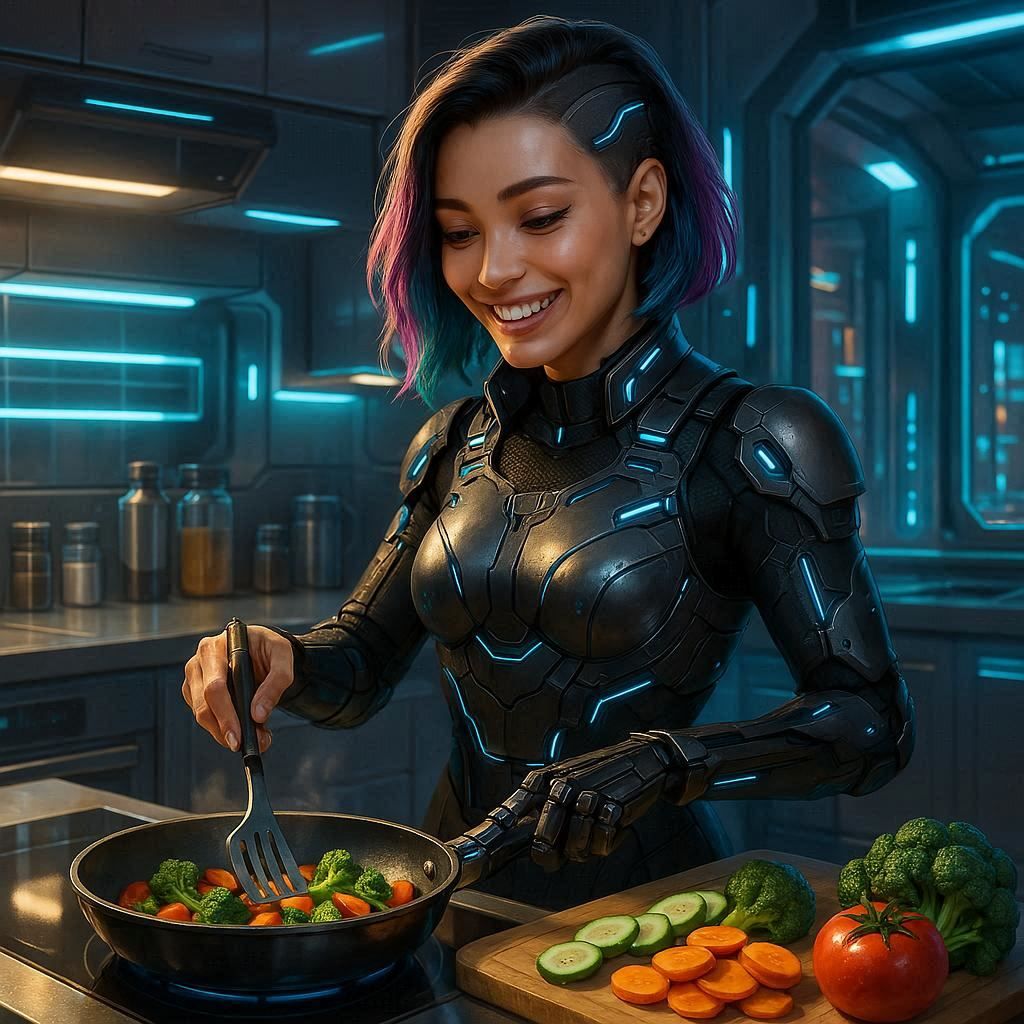 Cyberpunk girl cooking vegetables