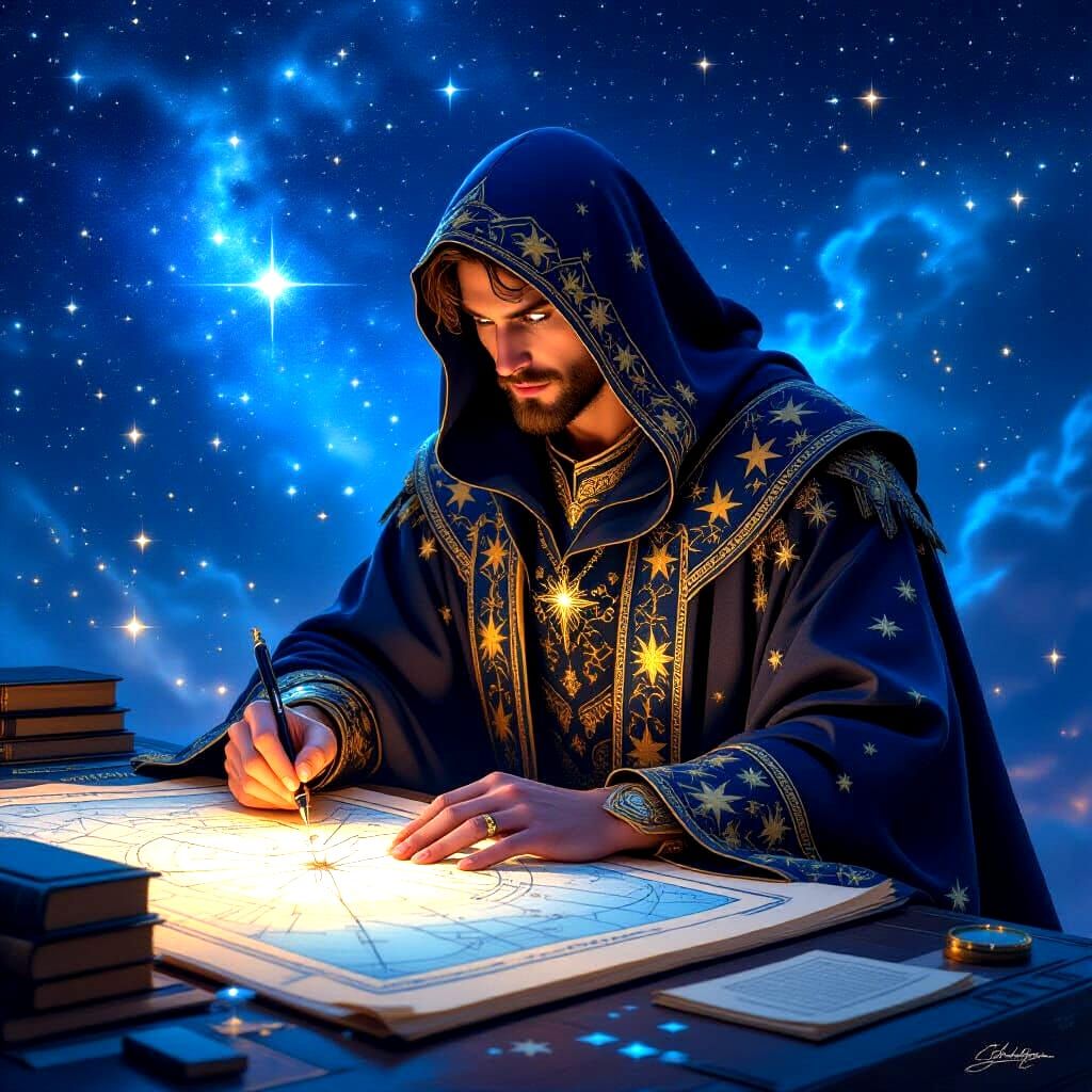 A celestial cartographer with a map made of pure starlight, charting the course of new constellations in the night sky. The cartographer's r...