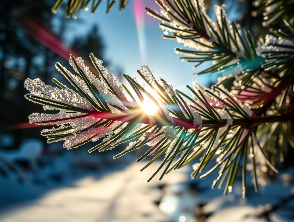 Close-up image of the sun shining on a pine branch, covered with rime frost ice crystals is creating ...  by @GrizzMum