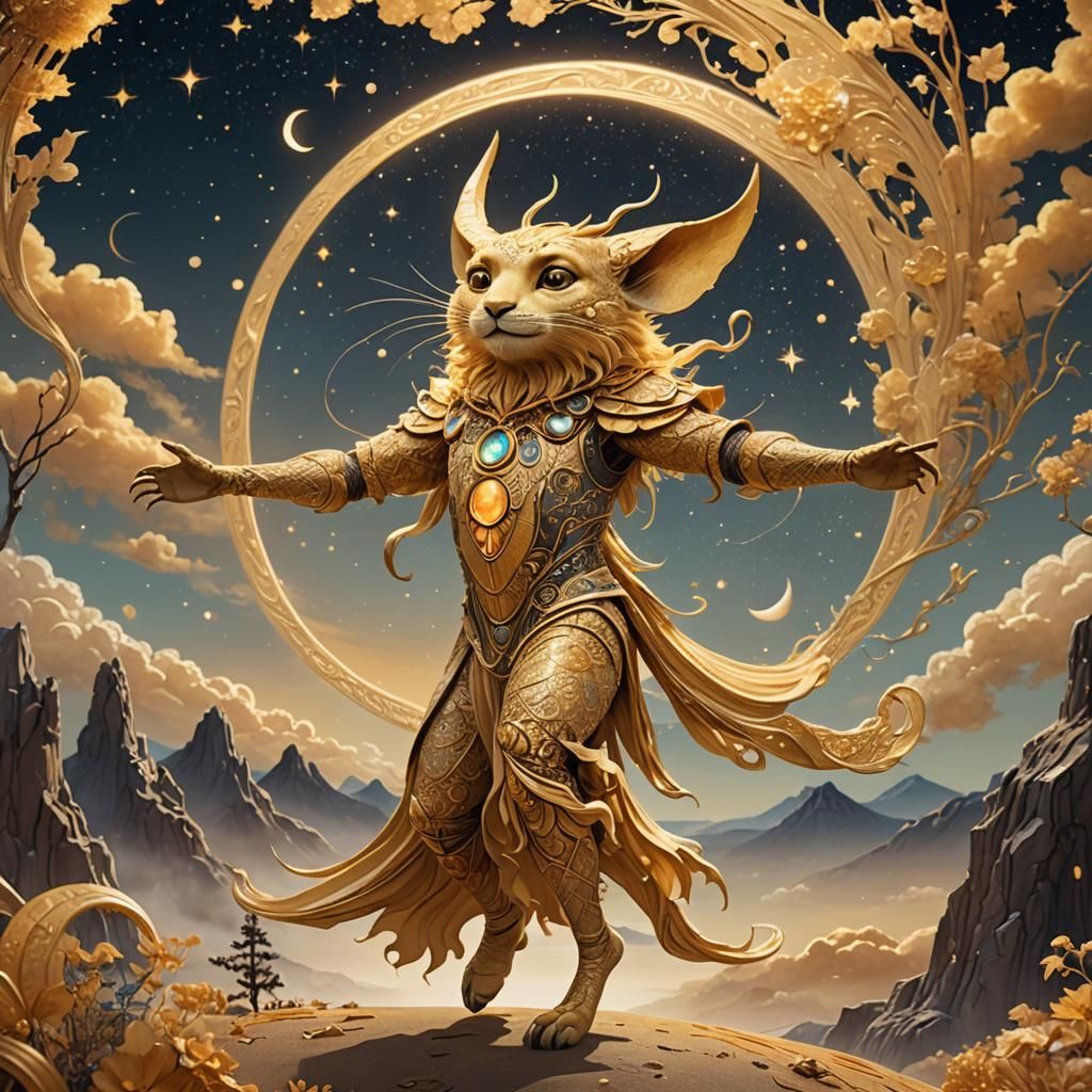 Golden Creature Dances on the Moon as Art Nouveau Painting