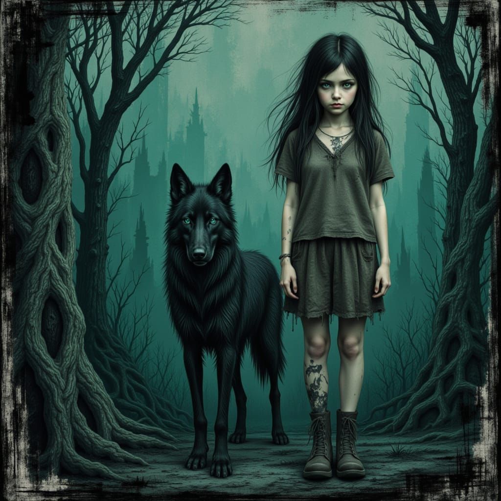 <lora:MrsH-TealMelancholia:1.0> A young girl, dark hair and eyes, is lost amidst a grove of gnarled, ancient trees, she is protected by her ...