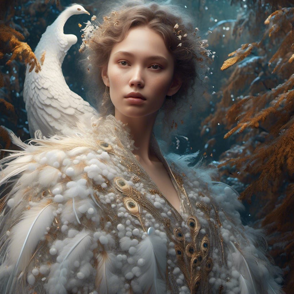 Angel with Peacock in Mystical Forest Painting